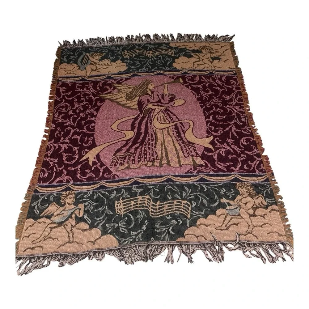 Vtg Sugar Grove Weavers Angel Woven Jacquard Tapestry Throw Blanket Fringe 90s